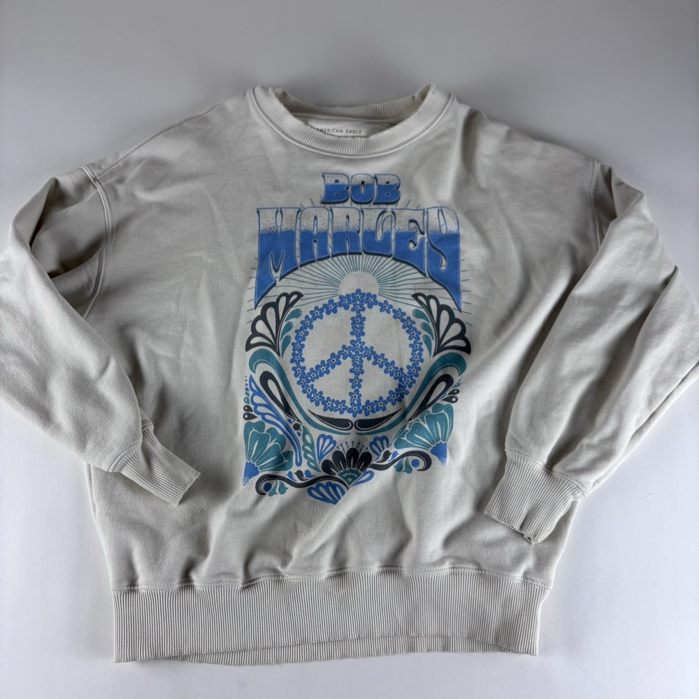 American Eagle Bob Marley Cream Oversized‎ Sweatshirt XS Distressed Crew Neck